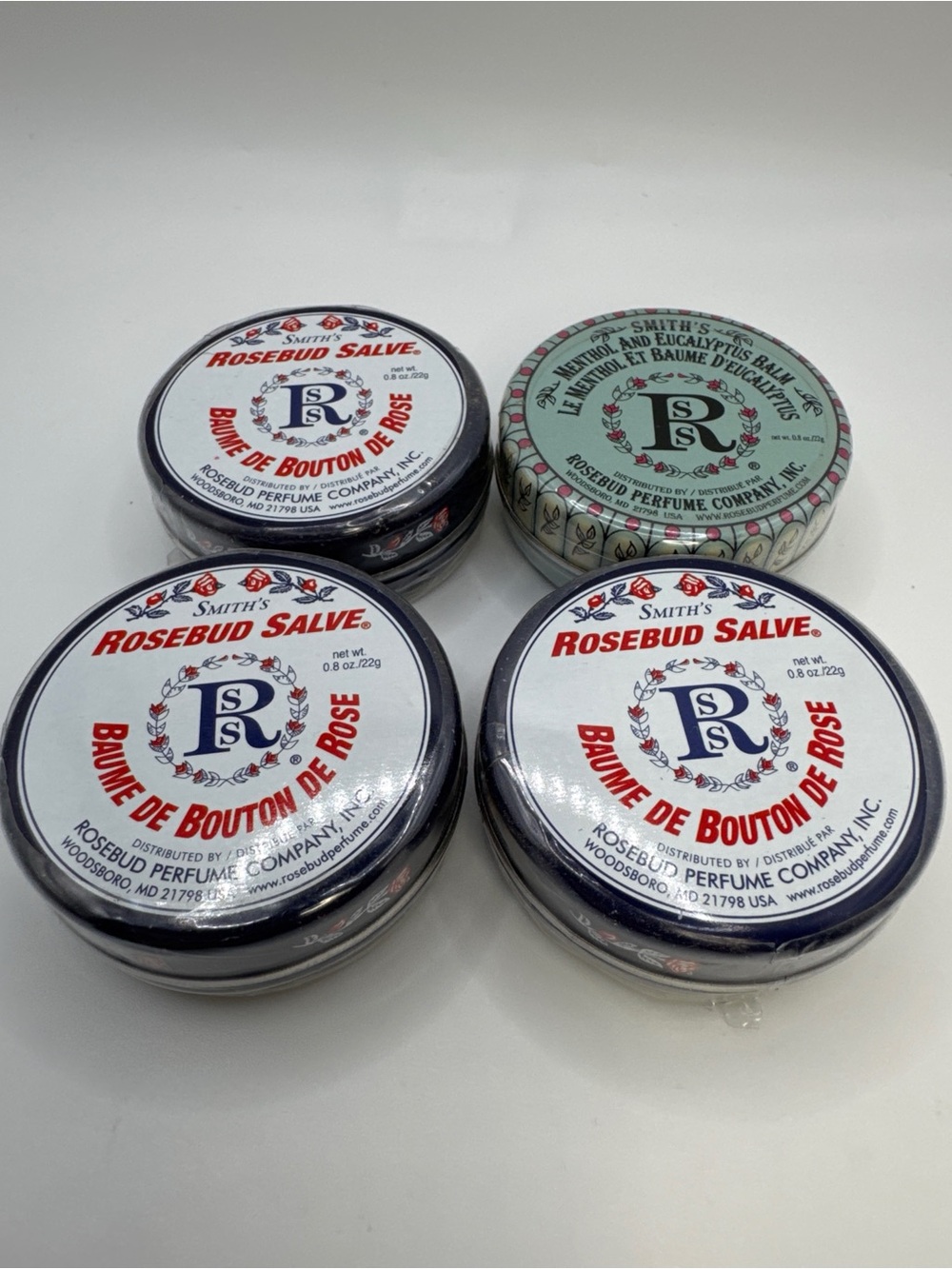 Lot of 4 Smith’s Rosebud Salve & Menthol Eucalyptus Balm Lip Balms 0.8 oz Tins